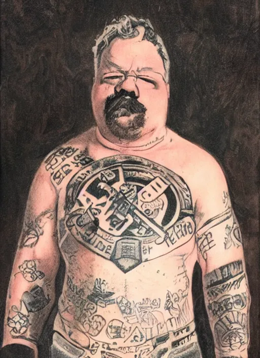 Prompt: gk chesterton as a buff mercenary with tattoos and a shotgun. portrait by james gurney.