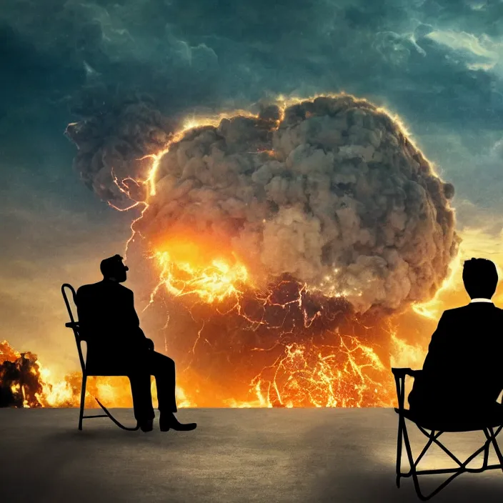 Image similar to cinematic movie, background blur bokeh, old man sitting in chair with black cat watching nuke explosion, world ending nuke, 4 k