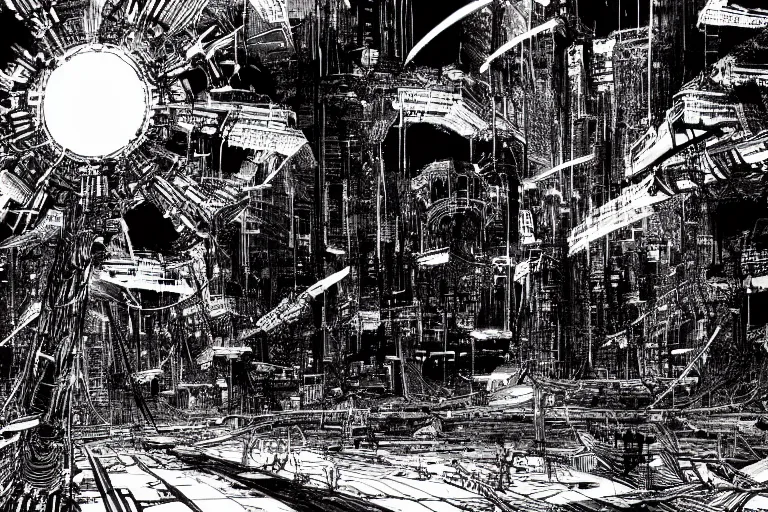 Image similar to vast technological world, gigantic megastructure, haphazard architecture, largely devoid of life, by Tsutomu Nihei