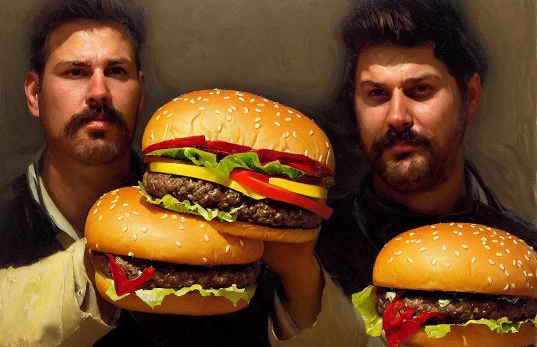 Image similar to portrait of whopper cheeseburger!!!!!!!!!!!!!!!!!!!!!!!!!!!, detailed face, detailed painting,, epic lighting, by ilya repin, phil hale and kent williams