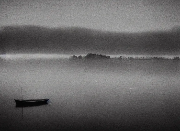 Prompt: boat, mist, lomography photo effect, monochrome, noise grain film, old photo