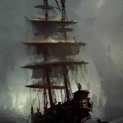 Prompt: detailed pirate ship made out of feathers by greg rutkowski, enigmatic atmosphere, beautiful and cinematic lighting, artstation hq.