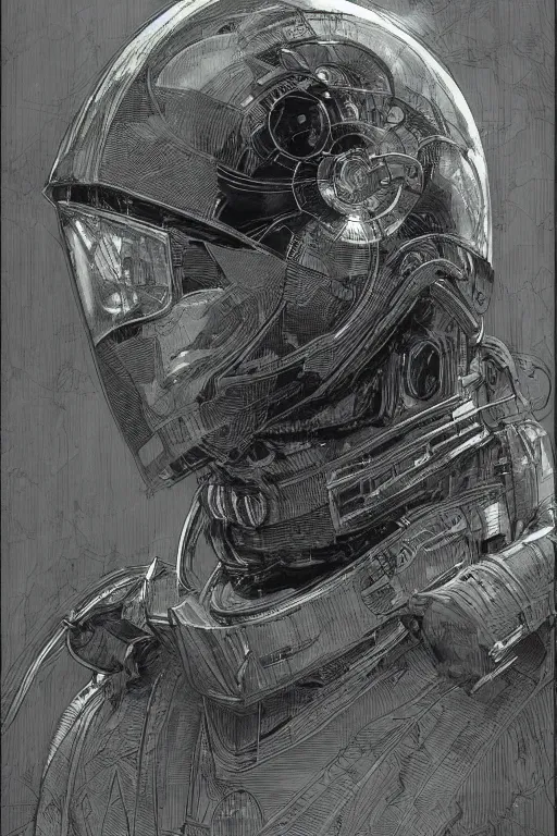 Prompt: portrait of a futuristic masked man with cybernetics and wires on the helmet, pen and ink, intricate line drawings, by craig mullins, ruan jia, kentaro miura, greg rutkowski