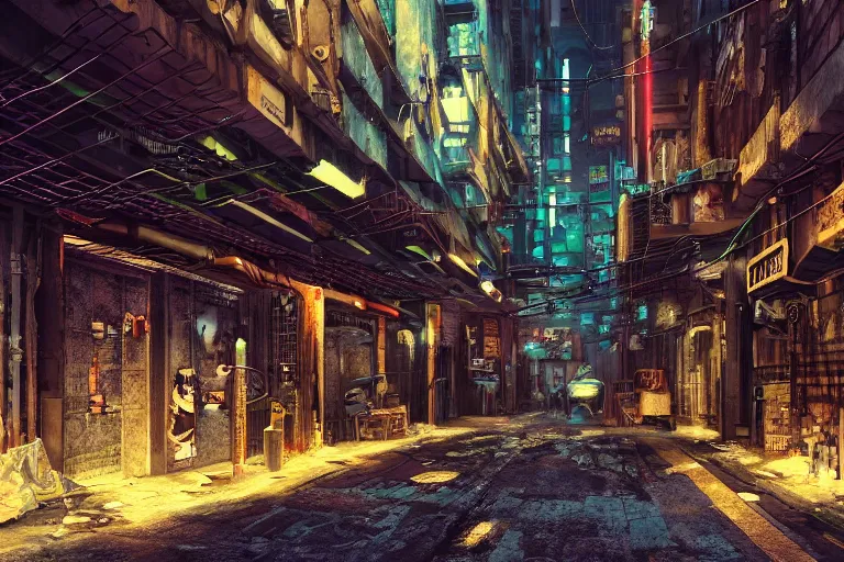 Prompt: an alleyway in a gritty cyberpunk city made of computer chips. the buildings along the alleyway are capacitors and processing chips. the pavement is a pcb. cinematic lighting. octane render. 4 k