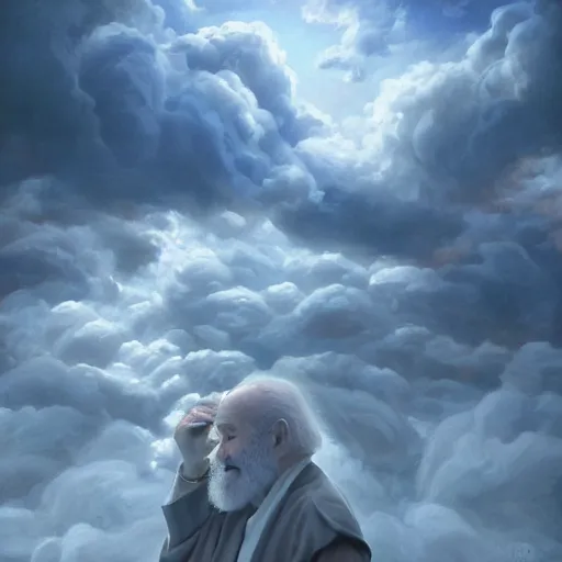 Image similar to robin williams talking with george carlin in heaven, white beard, blue eyes, white robe, clouds, heaven, intricate, detailed, volumetric lighting, scenery, digital painting, highly detailed, artstation, sharp focus, illustration, concept art, ruan jia, steve mccurry