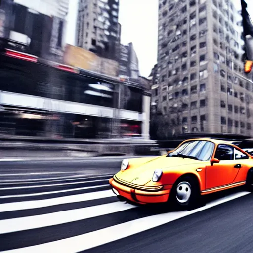 Image similar to photo of a porsche 9 1 1 9 6 4 speeding through nyc, cinematic, motion blur