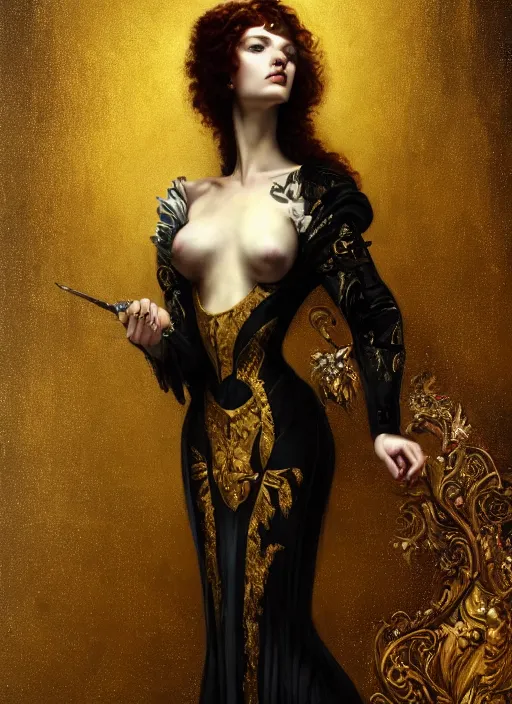 Image similar to highly detailed oil painting | very intricate | cinematic lighting | black, white and gold color scheme, dark background | the redhead princess of fire dressed by alexander mcqueen | by roberto ferri, by tom bagshaw, by singer sargent and klimt, american romanticism, occult art | by austin osman spare, artstation, cgsociety, official art, octane