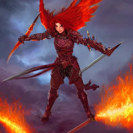 Prompt: red haired female paladin with wings and a flaming sword, ( gargoyle like ), fantasy painting, concept art
