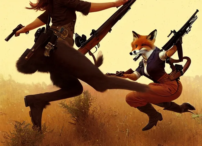 Image similar to a beautiful, dynamic illustration of an anthropomorphic fox woman bounty hunter running and gunning with a winchester rifle, wild west theme, motion blur, action illustration by stanley artgerm, greg rutkowski, alphonse mucha, norman rockwell, 8 k,