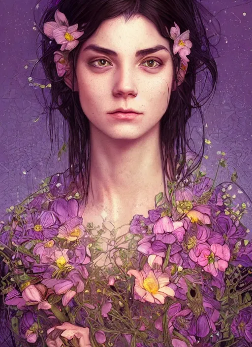 Image similar to portrait of androgynous face crying, flowers neon, fibonacci, sweat drops, insane, intricate, highly detailed, digital painting, artstation, concept art, smooth, sharp focus, illustration, Unreal Engine 5, 8K, art by artgerm and greg rutkowski and alphonse mucha