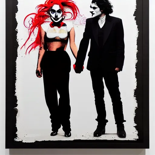 Image similar to richard hamilton and mimmo rottela and banksy as joaquin phoenix skinny joker holding hand lady gaga harley queen, ultra photorealistic, intricate details, pop art style, concept art, ultrarealistic, 3 colors, 4 d, smooth, sharp focus