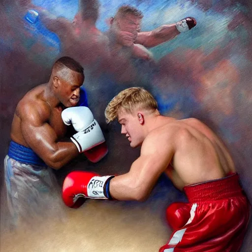 Image similar to a beautiful painting of ksi fist - fighting jake paul in a boxing ring, rendered art, highly detailed painting by gaston bussiere, craig mullins, j. c. leyendecker 8 k, trending on artstation, art, fighting, watercolor