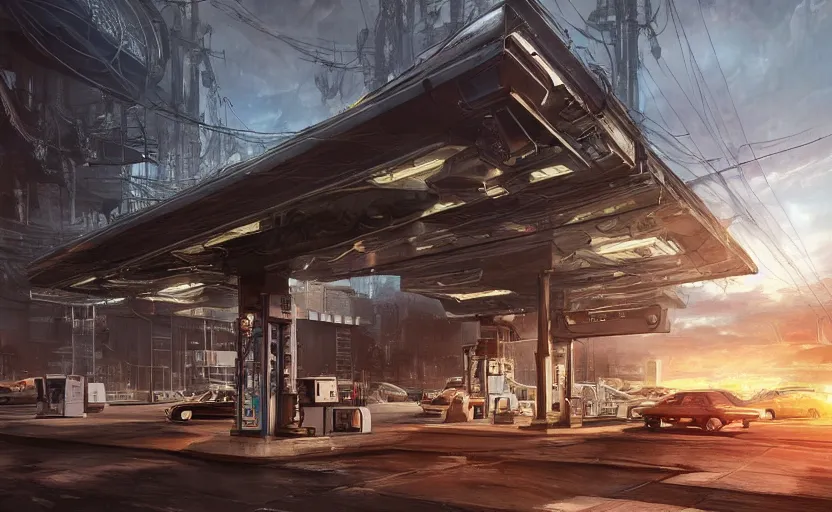 Image similar to Gas station, hyperrealistic mixed media, stunning 3d render inspired art by P. Craig Russell and Barry Windsor-Smith + perfect facial symmetry + dim volumetric lighting, 8k octane beautifully detailed render, post-processing, extremely hyperdetailed, intricate futuristic mechanic parts, epic composition, grim yet sparkling atmosphere, cinematic lighting + masterpiece, trending on artstation