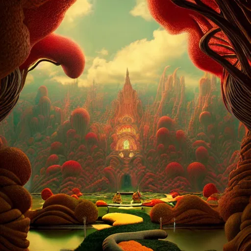 Image similar to infinite final fantasy candyland landscape fall god temple, moody, warm tones : : wes anderson, roger dean, sophie anderson, esao andrews : : ornate, dynamic, particulate, intricate, elegant, highly detailed, centered, artstation, smooth, sharp focus, octane render, 3 d