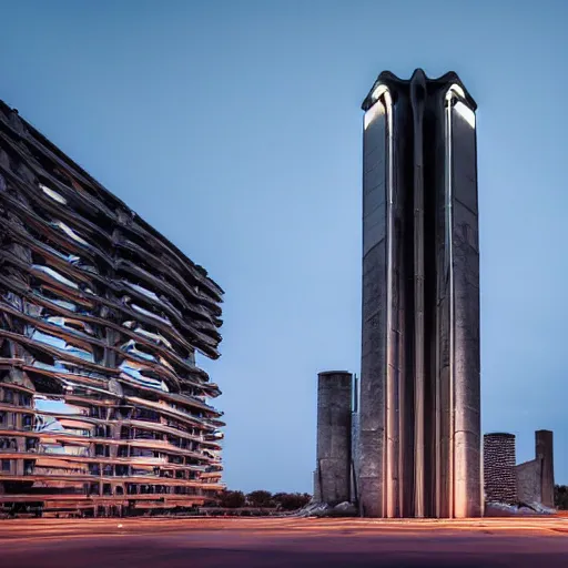 Image similar to a wide shot of a sci - fi beautiful neo - brutalist monumental multi - building structure, tall brutalist facilities with spaceship parking lots on top, with many rounded elements sprouting from the base tower creating a feel of an organic structure, photography shot at blue hour