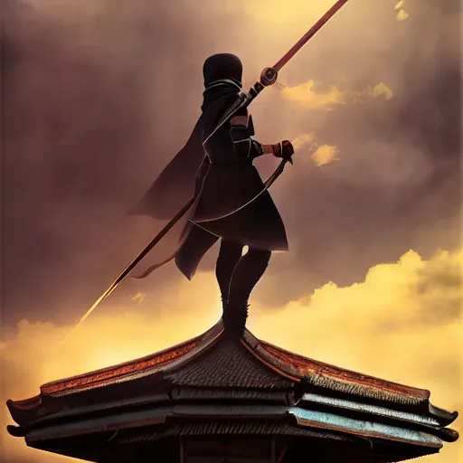 Image similar to a shrouded ninja standing on a pagoda, angled shot, style of ross tran, painterly, fantastic detail, lens flare, global illumination