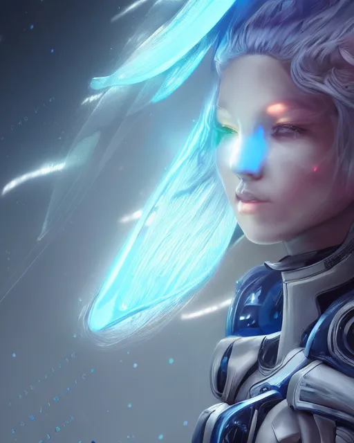 Image similar to perfect android girl on a mothership, warframe armor, beautiful face, scifi, futuristic, galaxy, nebula, raytracing, dreamy, long white hair, blue cyborg eyes, sharp focus, cinematic lighting, highly detailed, artstation, divine, by gauthier leblanc, kazuya takahashi, huifeng huang