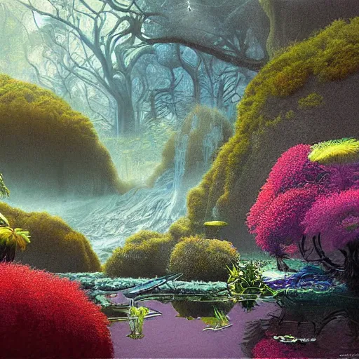 Image similar to digital painting of a lush wet natural scene on an alien planet by gerald brom. digital render. detailed. beautiful landscape. colourful and weird.