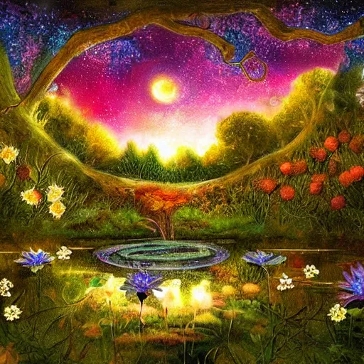 Prompt: detailed fairy hollow with a pond and flowers, nighttime beautiful glow, stars, by Cecily Mary Barker