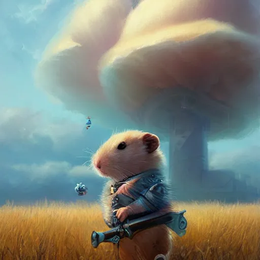 Prompt: Cloud Champion Hamster knight roaming the windswept field simon stalenhag edson campos christopher lovell daniela uhlig allison carl hiro izawa paul chadeisson pastel painting