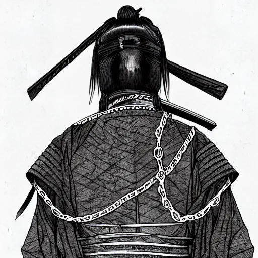 Image similar to A PORTRAIT FROM BEHIND OF A SAMURAI ,THE THE MAN IS WRAPPED IN CHAINS ,detailed, concept art, ink style , sketch