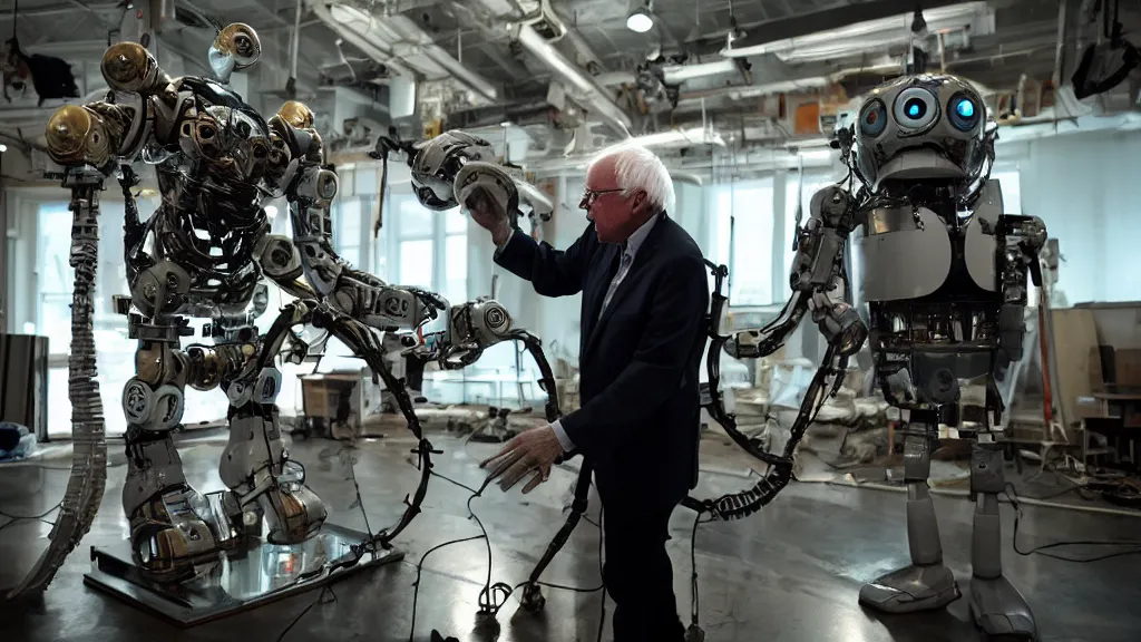 Image similar to bernie sanders putting the finishing touches on a cute clockwork doomsday robot, cinematic moody lighting, sharp focus, imax