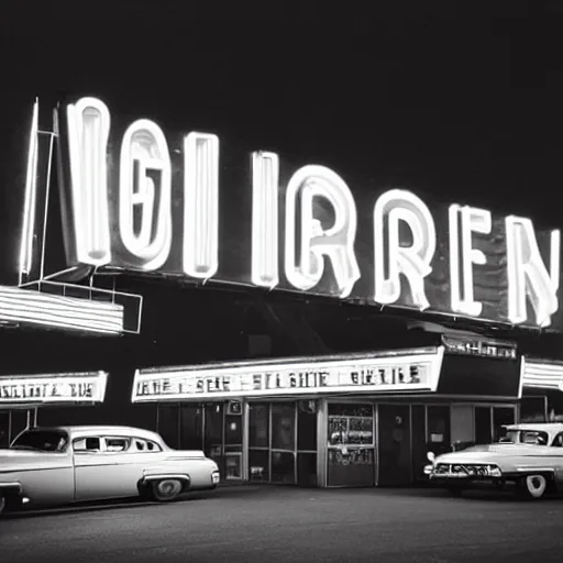 Prompt: photograph of a 1 9 5 0 s drive - in diner at night, neon - lights, googie architecture, americana