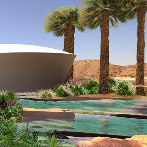Prompt: architectural rendering of biophilia building in the desert, biomimetry, pool, garden