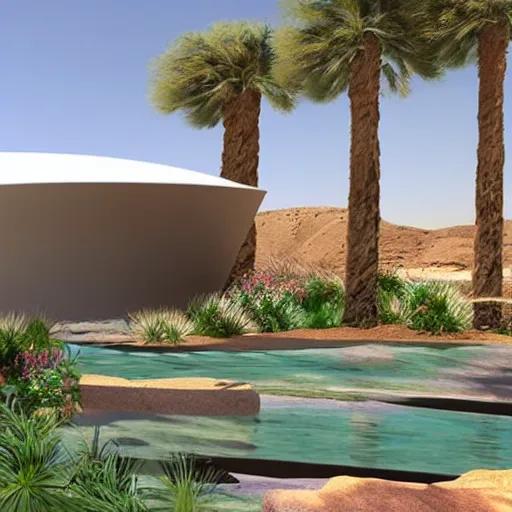 Image similar to architectural rendering of biophilia building in the desert, biomimetry, pool, garden