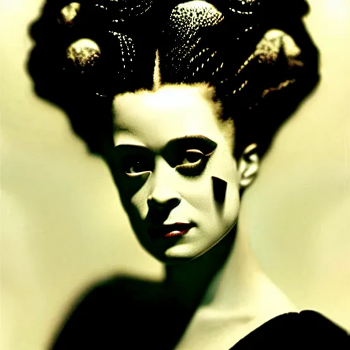 Image similar to a dramatic cinematic portrait photograph of bride of frankenstein influenced by alphonse mucha