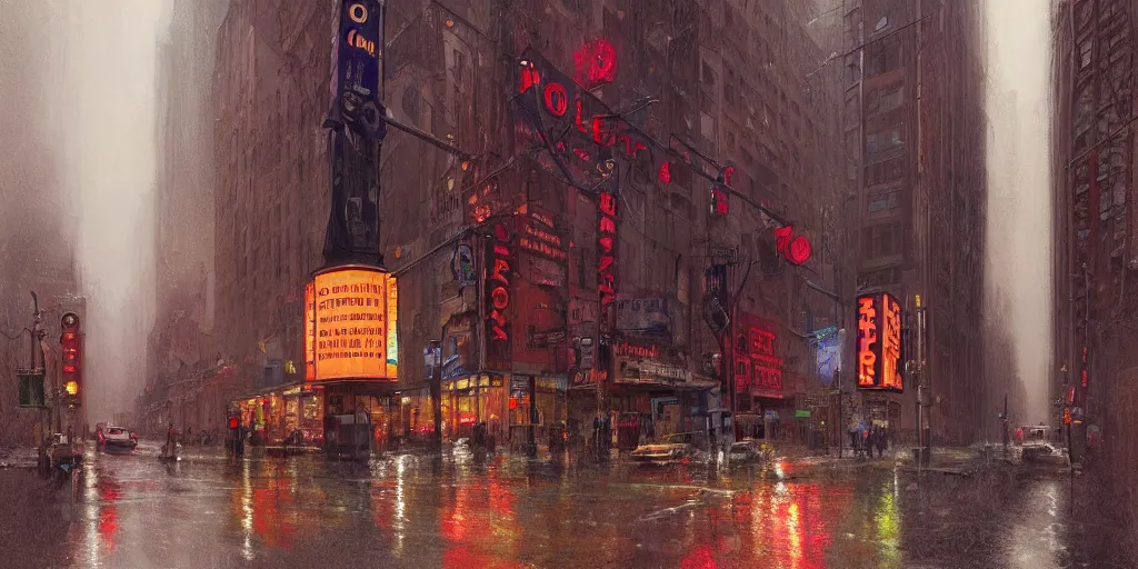 Image similar to an old cinema, new york, rainy day, matte painting, marc simonetti, artstation