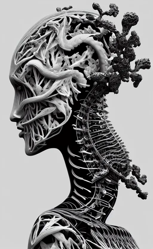 Image similar to a black and white 3D render of a beautiful profile face portrait of a female dragon-cyborg, 150 mm, flowers, Mandelbrot fractal, anatomical, flesh, facial muscles, wires, microchip, veins, arteries, full frame, microscopic, elegant, highly detailed, flesh ornate, elegant, high fashion, rim light, octane render in the style of H.R. Giger and Man Ray