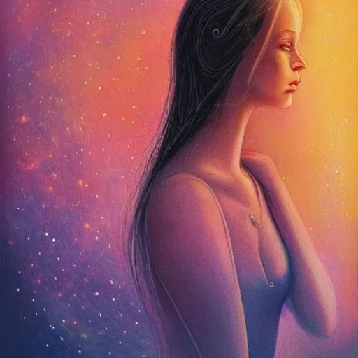 Image similar to beautiful detailed artistic portrait of a person travelling between different astral planes. reality is more than you think. grainy and rough. fine detail. soft colour scheme. artistic painting by lurid ( 2 0 2 2 ). featured on deviantart.