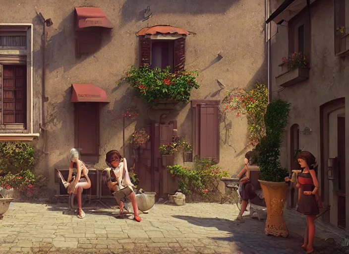 Prompt: seen through a window, italian village, by ilya kuvshinov, rtx rendering, octane render 1 2 8 k, maya, extreme high intricate details by tom bagshaw, composition by sana takeda, lighting by greg rutkowski