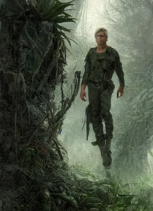 Image similar to portrait of a young richard dean anderson wearing a green combat uniform, in a post apocalyptic city, overgrown with plants, by wlop, luis royo and greg rutkowski, cover illustration, concept art, volumetric lighting, volumetric atmosphere, sharp focus, octane render, trending on artstation, 8 k