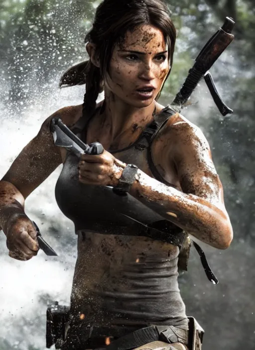 Prompt: a film still of lara croft as ninja, her face muddy and sweat, direct sun light, close up potrait, sharp and detail, cinematic,