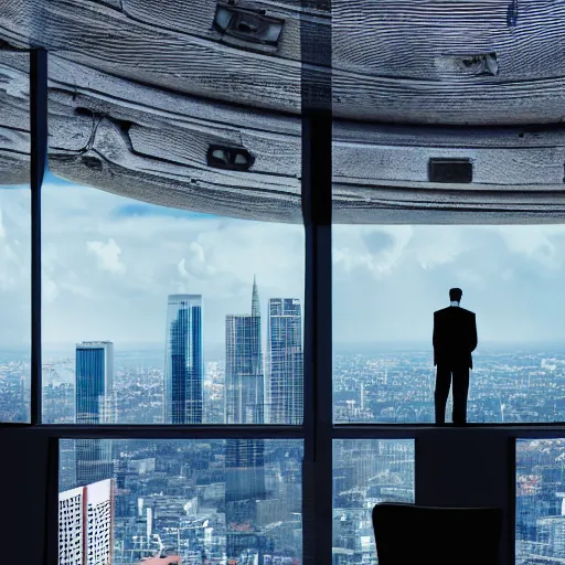 Image similar to a cat in business attire looking out at a city skyline, pondering life, movie still, uhd, 8k,