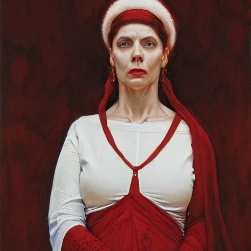 Prompt: frontal portrait of a priestess, wearing white and red, by donato giancola.