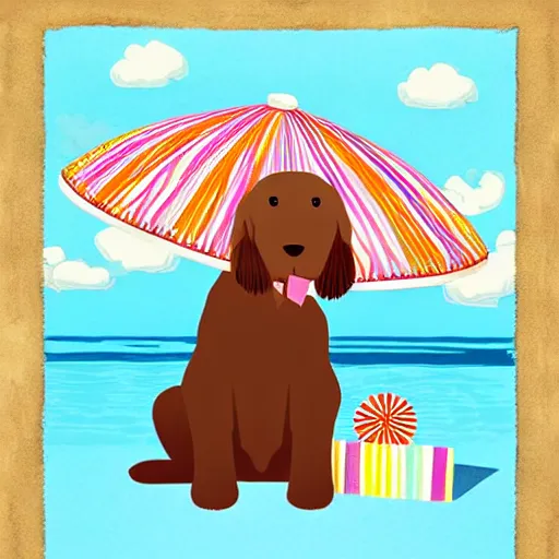 Image similar to cute brown spaniel by the seaside, parasols, bright towels, geometric, pop, lines, sketch, artwork