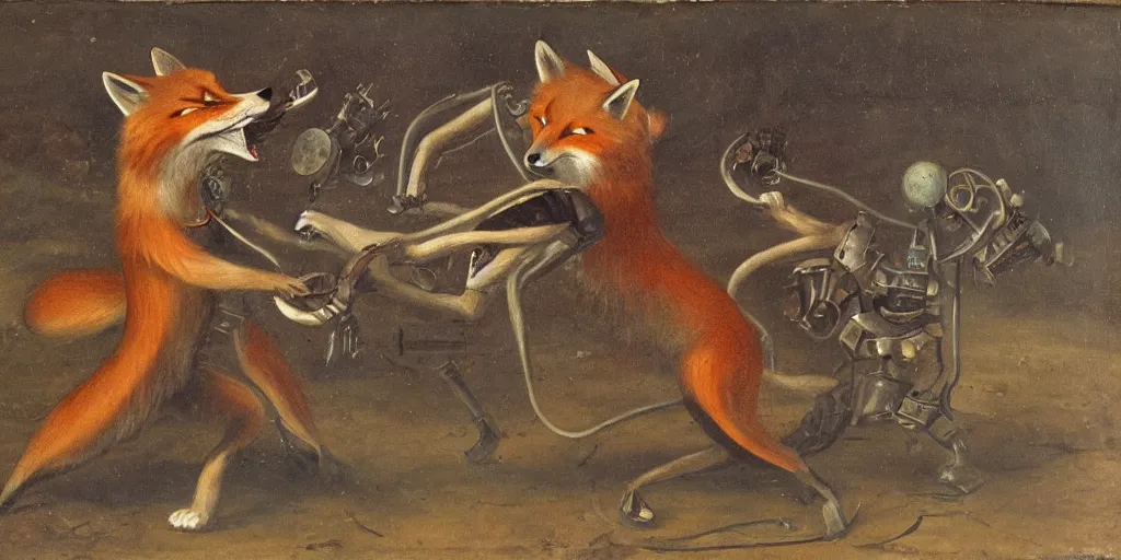 Image similar to anthropomorphic fox fighting a mechanical monster, 1 9 th century painting