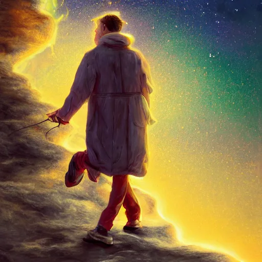 Prompt: energetic man in business suet walk on milky way, acrilic paint, digital, artstation, detailed intricate ink illustration, heavenly atmosphere, digital art, overdetailed art, concept art, complementing colors, trending on artstation, cgstudio, the most beautiful image ever created, dramatic, subtle, details, award winning artwork, beautiful scenery