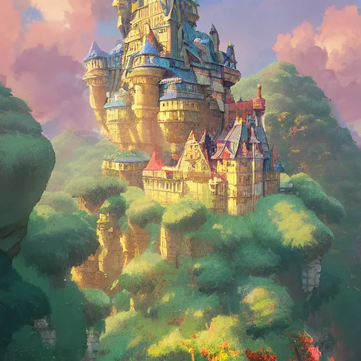 Prompt: A castle in the clouds, Studio Ghibli, animated, illustrated, vibrant, by Greg Rutkowski and Ilya Kuvshinov, artstation, oil painting, detailed, 4k, colorfull