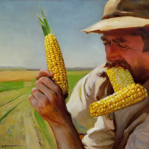 Image similar to a highly detailed beautiful portrait of man enjoying corn on the cob, by gregory manchess, james gurney, james jean