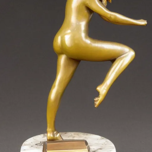 Image similar to antique 1930s France art deco. bronze figurine of a woman dancing. on marble base. by Briand Marcel Bouraine. 30cm. high detail photograph. studio