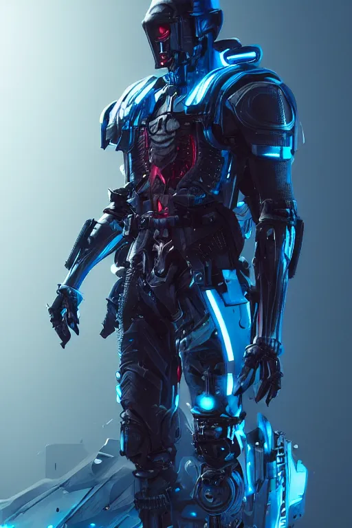Prompt: Incredibly cyberpunk knight by Ash Thorp and Artgerm, blue LED lights, extremely proportionate face, sharp focus, hyper detailed, octane render, biomechanical, volumetric lighting