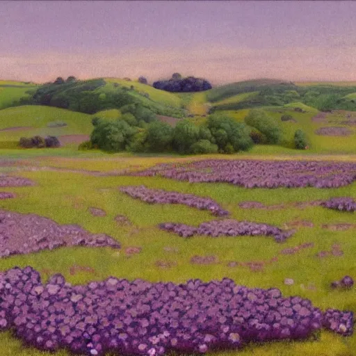 Image similar to a painting of purple flowers in a field, a matte painting by Edward Okuń, featured on deviantart, american impressionism, matte painting, anime aesthetic, matte drawing, pastel