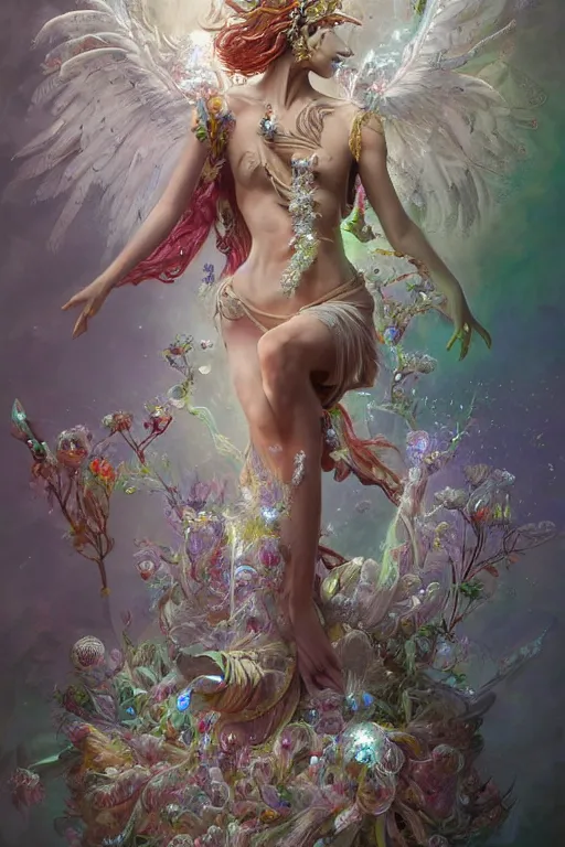 Prompt: beautiful model wearing crystal white feathers, god of psychedelics dancing in a vortex made of flowers, diamonds, angel, fantasy, dramatic lighting, highly detailed, digital painting, holding electricity, magic the gathering, hyper detailed, 3 d render, hyper realistic detailed portrait, peter mohrbacher, wlop, ruan jia
