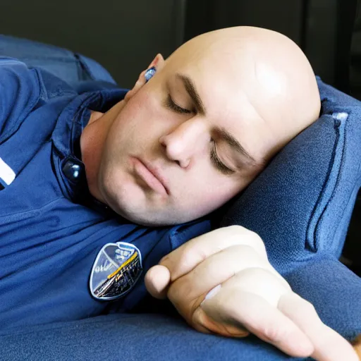 Prompt: bald firefighter asleep on a blue reclining chair