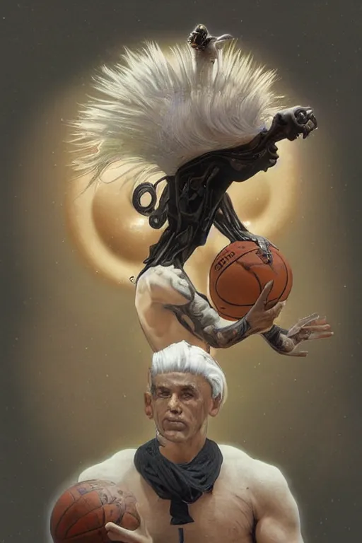 Image similar to surreal 4k HD digital full body portrait of humanoid basketball, white hair mohawk, black paper, b-ball monster, arms and legs on spherical humanoid creature, basketball pustules, by Alphonse Mucha, Craig Mullins, Marc Simonetti, Artstation