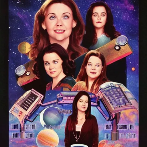 Image similar to gilmore girls in space movie poster from 1 9 9 0 s